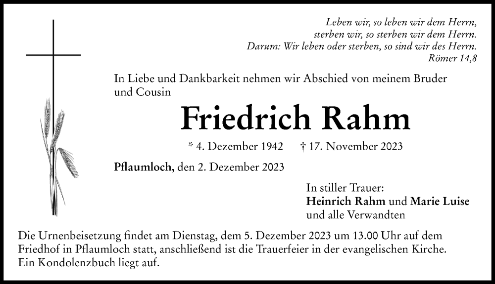  Traueranzeige für Friedrich Rahm vom 02.12.2023 aus Rieser Nachrichten