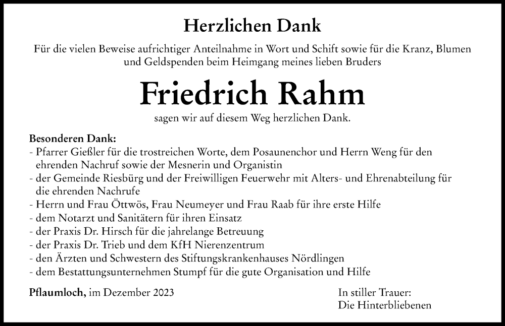  Traueranzeige für Friedrich Rahm vom 13.12.2023 aus Rieser Nachrichten