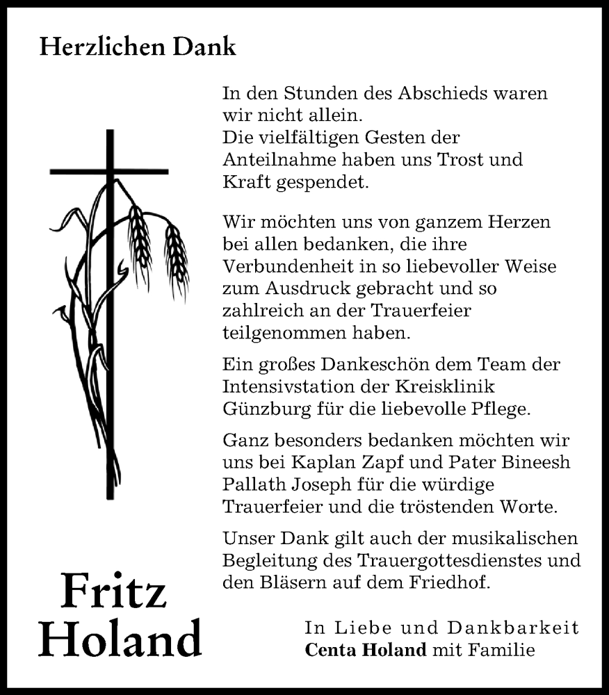 Traueranzeige von Fritz Holand von Wertinger Zeitung