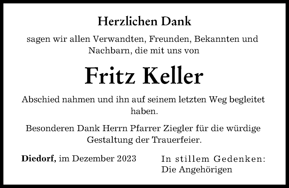  Traueranzeige für Fritz Keller vom 02.12.2023 aus Augsburger Allgemeine