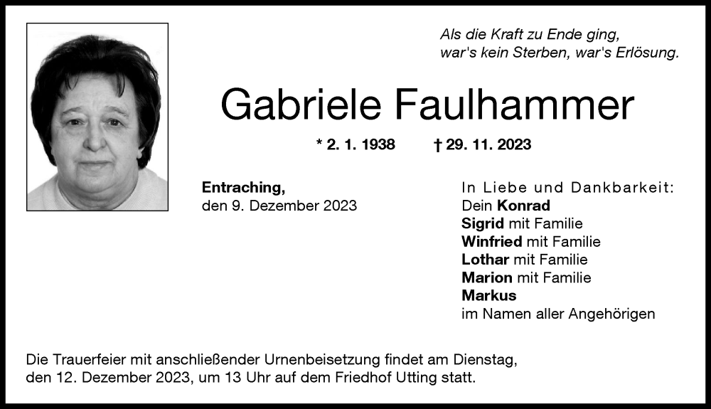  Traueranzeige für Gabriele Faulhammer vom 09.12.2023 aus Landsberger Tagblatt