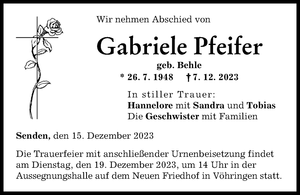 Traueranzeige von Gabriele Pfeifer von Illertisser Zeitung