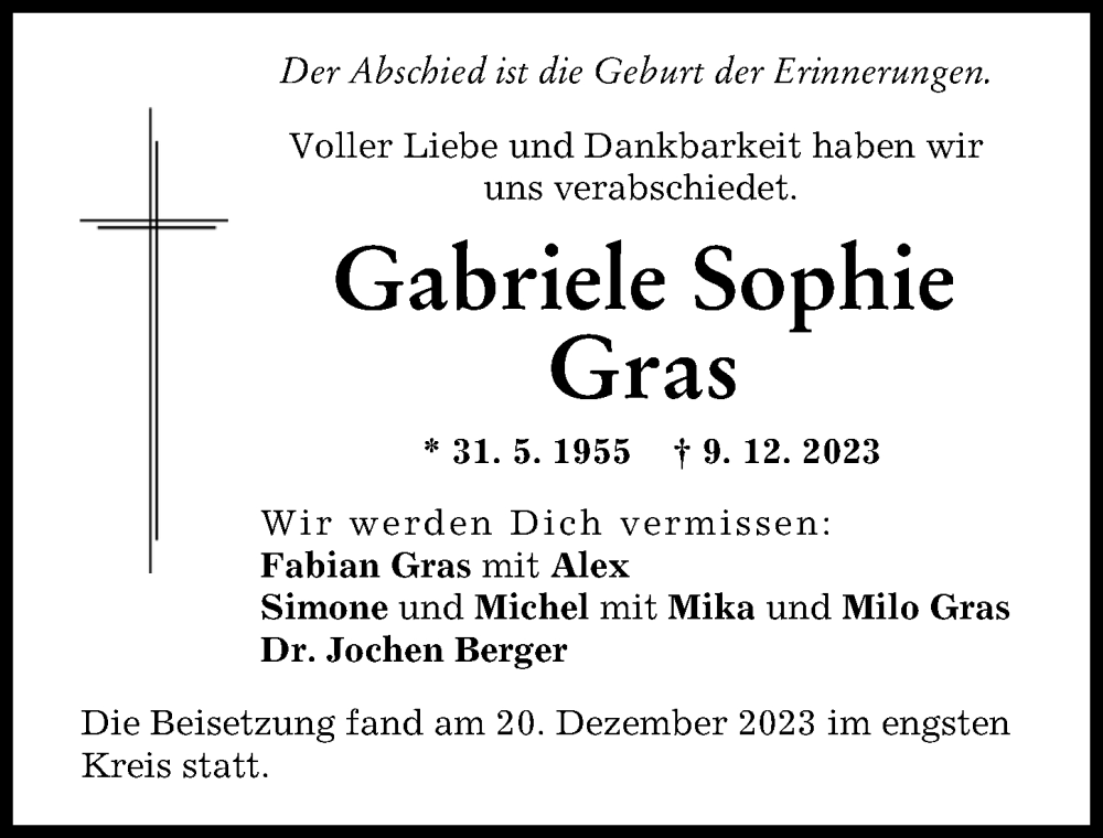 Traueranzeige von Gabriele Sophie Gras von Landsberger Tagblatt