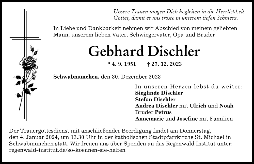 Traueranzeige von Gebhard Dischler von Schwabmünchner Allgemeine