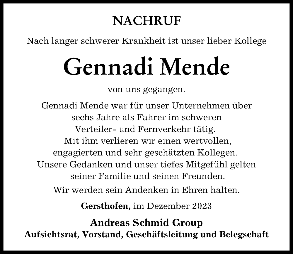  Traueranzeige für Gennadi Mende vom 09.12.2023 aus Augsburger Allgemeine