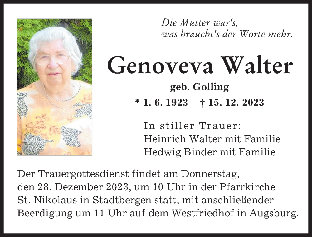 Traueranzeige von Genoveva Walter von Augsburger Allgemeine