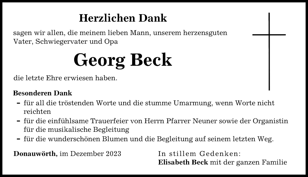 Traueranzeige von Georg Beck von Donauwörther Zeitung