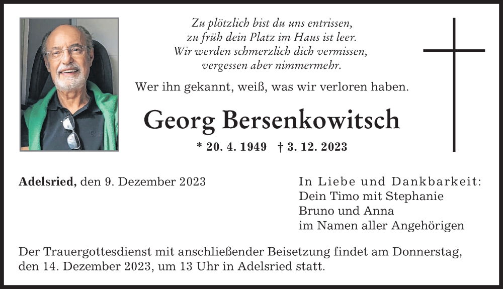  Traueranzeige für Georg Bersenkowitsch vom 09.12.2023 aus Wertinger Zeitung, Augsburger Allgemeine