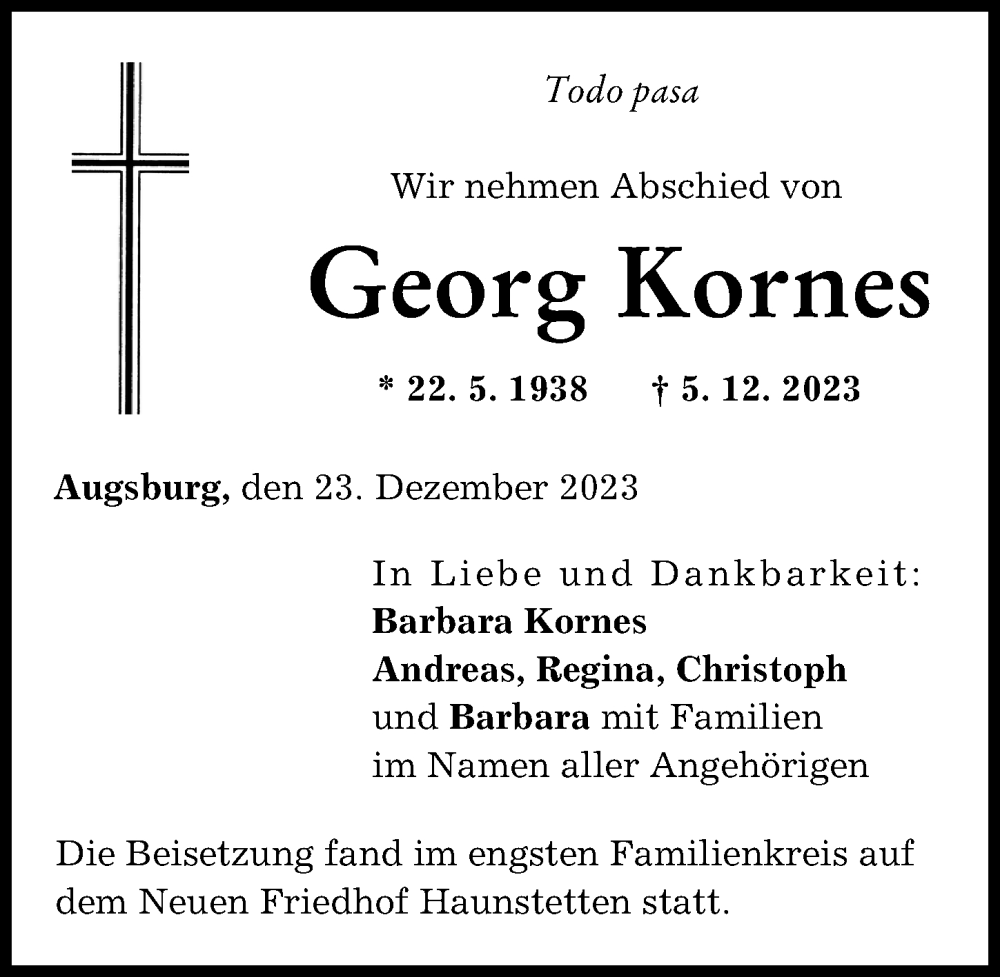 Traueranzeige von Georg Kornes von Augsburger Allgemeine