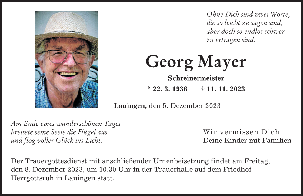  Traueranzeige für Georg Mayer vom 05.12.2023 aus Donau Zeitung