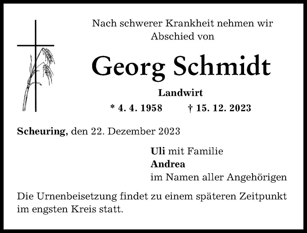 Traueranzeige von Georg Schmidt von Friedberger Allgemeine, Landsberger Tagblatt