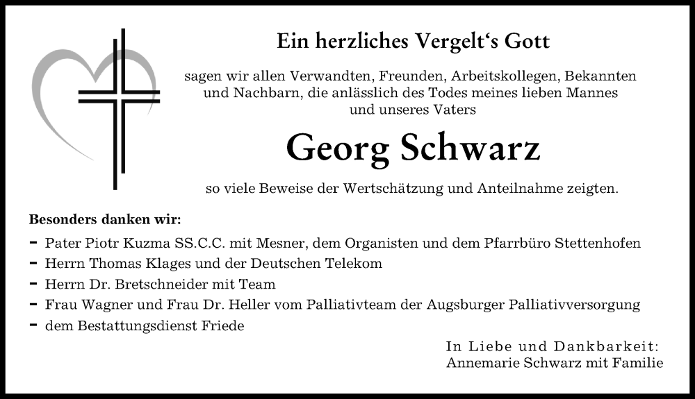 Traueranzeige von Georg Schwarz von Augsburger Allgemeine