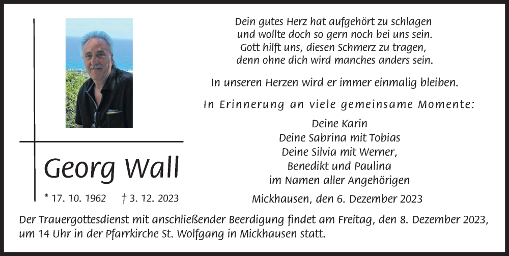  Traueranzeige für Georg Wall vom 06.12.2023 aus Schwabmünchner Allgemeine