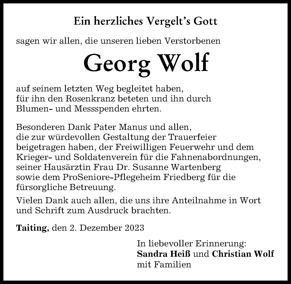  Traueranzeige für Georg Wolf vom 02.12.2023 aus Friedberger Allgemeine