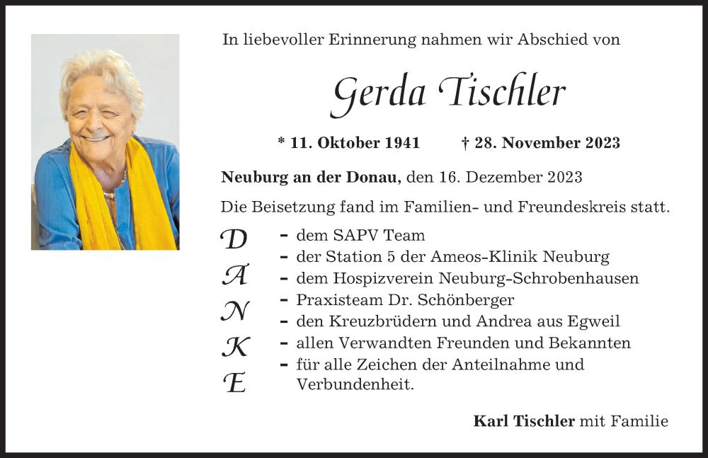 Traueranzeige von Gerda Tischler von Neuburger Rundschau