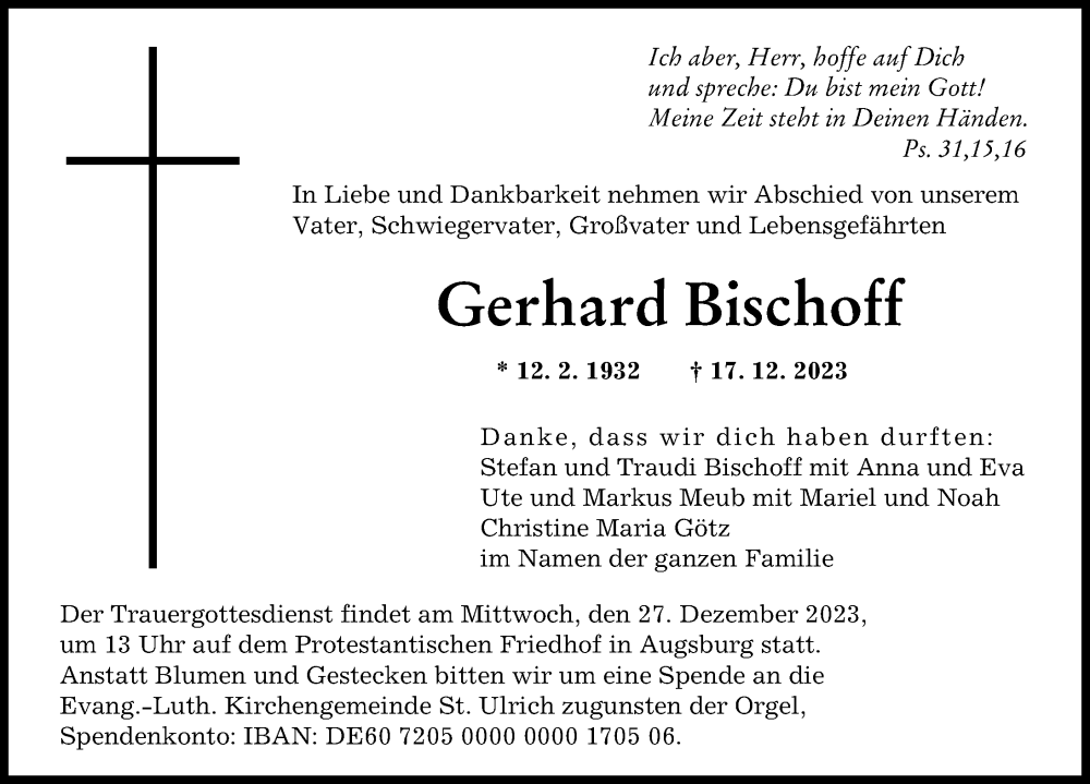 Traueranzeige von Gerhard Bischoff von Augsburger Allgemeine