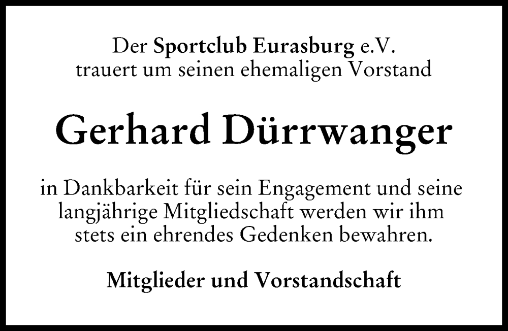  Traueranzeige für Gerhard Dürrwanger vom 09.12.2023 aus Friedberger Allgemeine