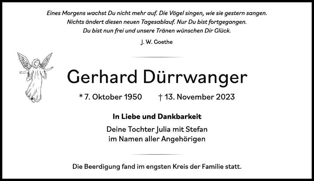  Traueranzeige für Gerhard Dürrwanger vom 02.12.2023 aus Augsburger Allgemeine