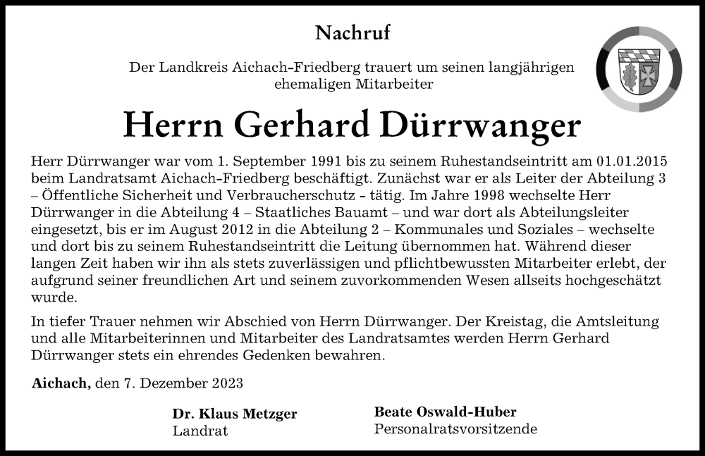  Traueranzeige für Gerhard Dürrwanger vom 07.12.2023 aus Friedberger Allgemeine, Aichacher Nachrichten