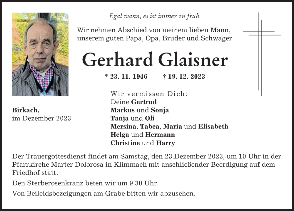 Traueranzeige von Gerhard Glaisner von Schwabmünchner Allgemeine