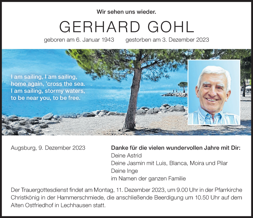  Traueranzeige für Gerhard Gohl vom 09.12.2023 aus Augsburger Allgemeine