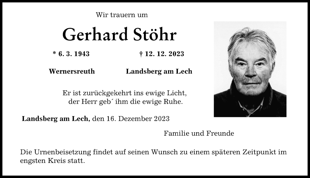 Traueranzeige von Gerhard Stöhr von Landsberger Tagblatt