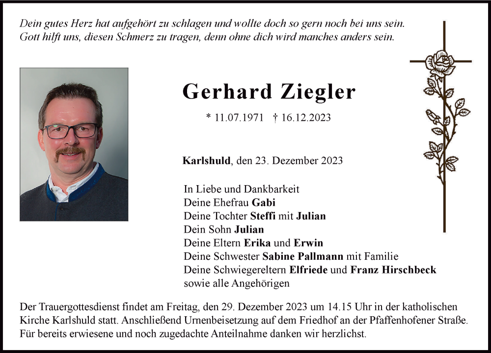 Traueranzeige von Gerhard Ziegler von Neuburger Rundschau