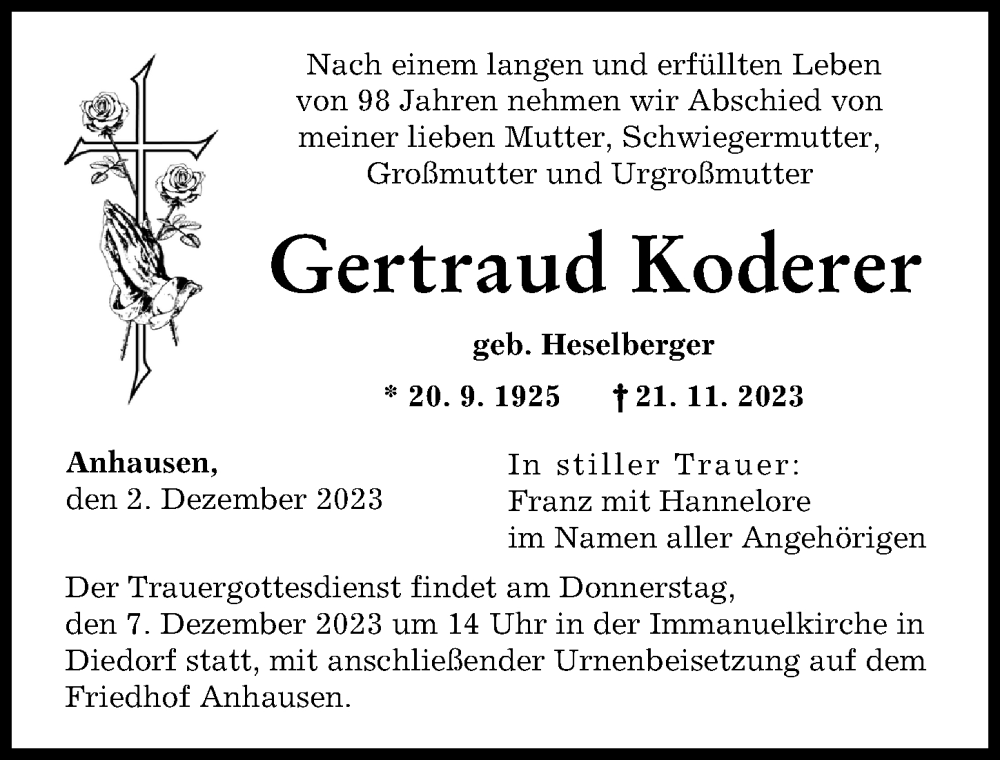  Traueranzeige für Gertraud Koderer vom 02.12.2023 aus Augsburger Allgemeine