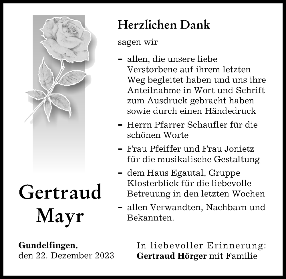 Traueranzeige von Gertraud Mayr von Donau Zeitung