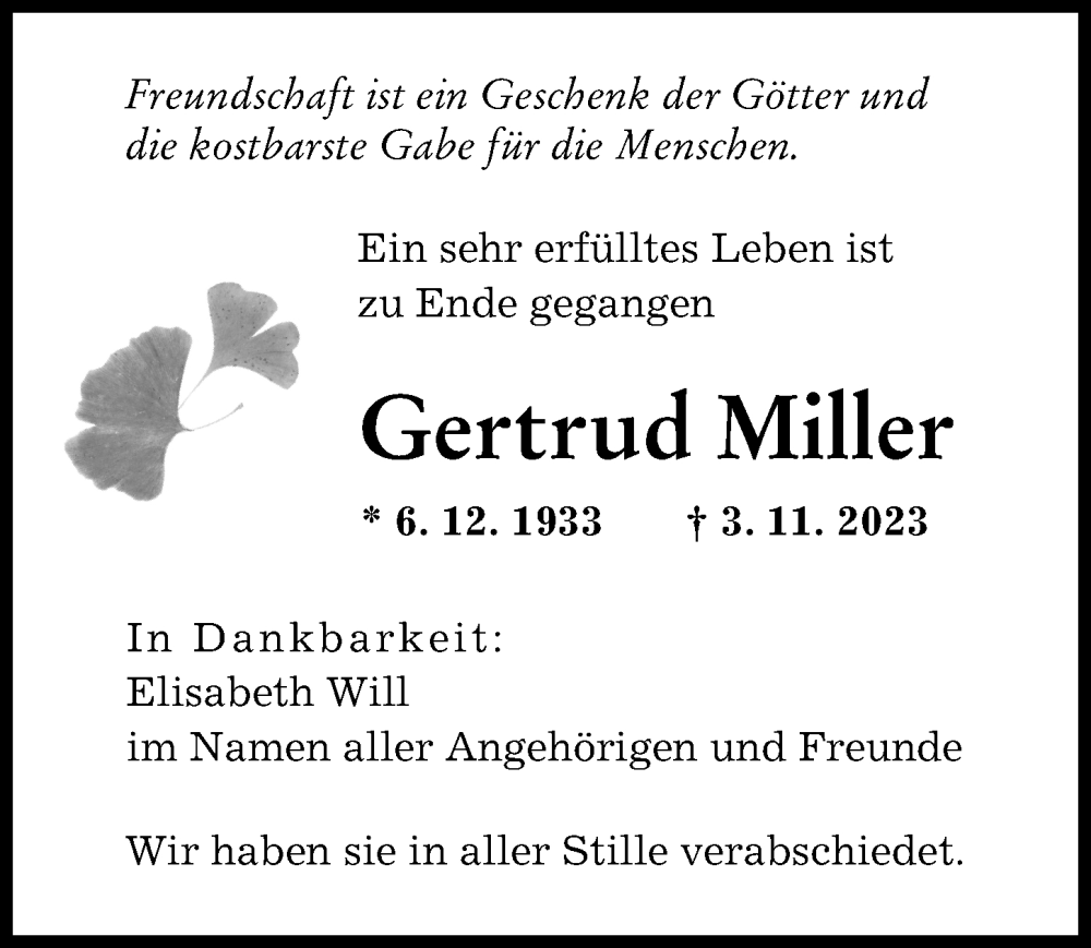  Traueranzeige für Gertrud Miller vom 02.12.2023 aus Augsburger Allgemeine
