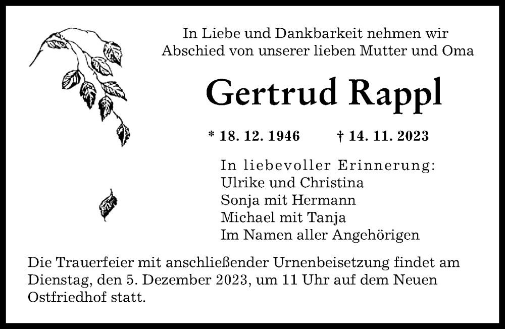  Traueranzeige für Gertrud Rappl vom 02.12.2023 aus Augsburger Allgemeine