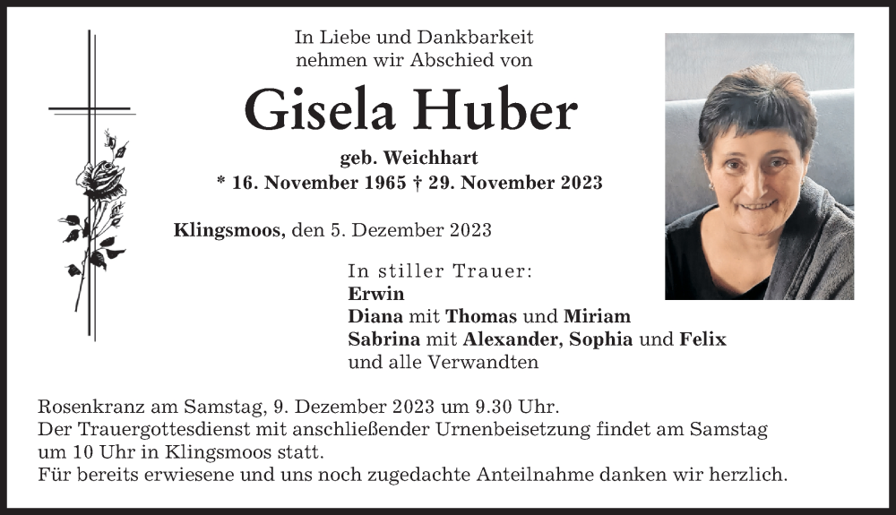  Traueranzeige für Gisela Huber vom 05.12.2023 aus Neuburger Rundschau