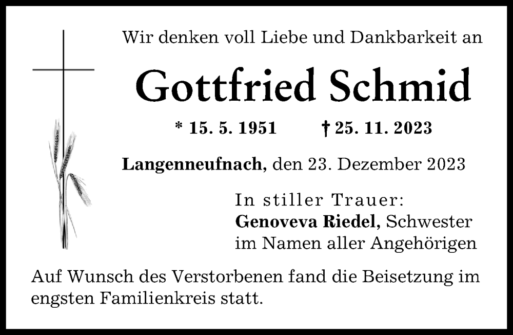 Traueranzeige von Gottfried Schmid von Schwabmünchner Allgemeine