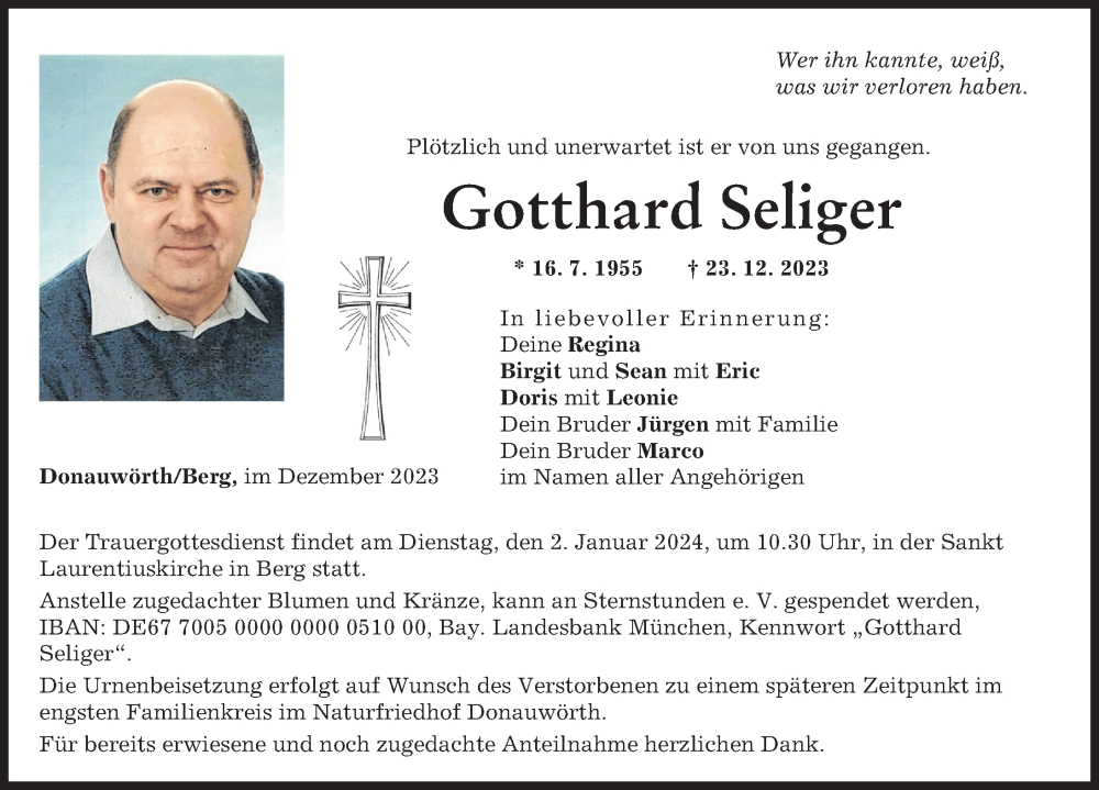 Traueranzeige von Gotthard Seliger von Donauwörther Zeitung