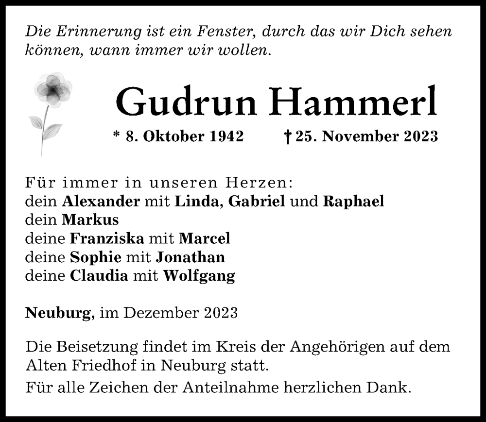  Traueranzeige für Gudrun Hammer vom 02.12.2023 aus Neuburger Rundschau