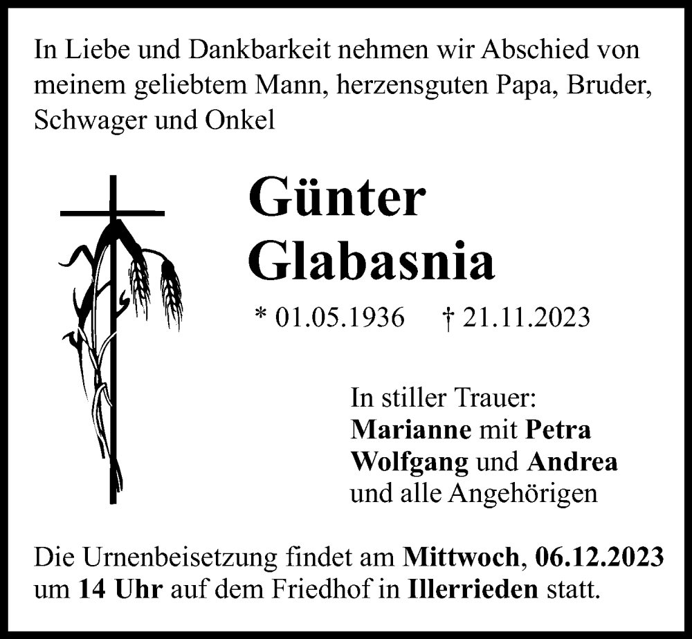  Traueranzeige für Günter Glabasnia vom 02.12.2023 aus Neu-Ulmer Zeitung