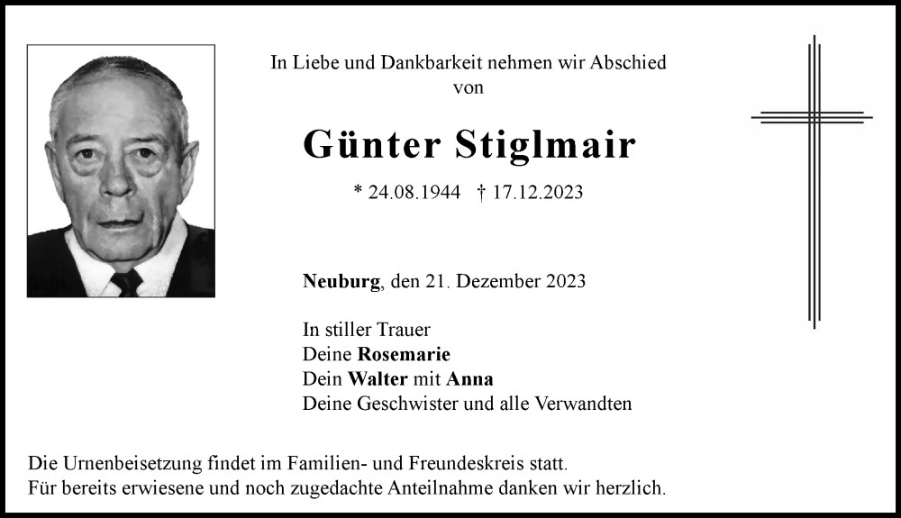 Traueranzeige von Günter Stiglmair von Neuburger Rundschau