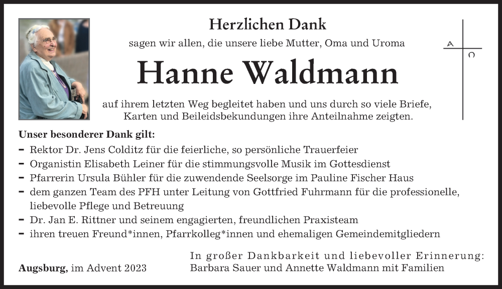 Traueranzeige von Hanne Waldmann von Augsburger Allgemeine