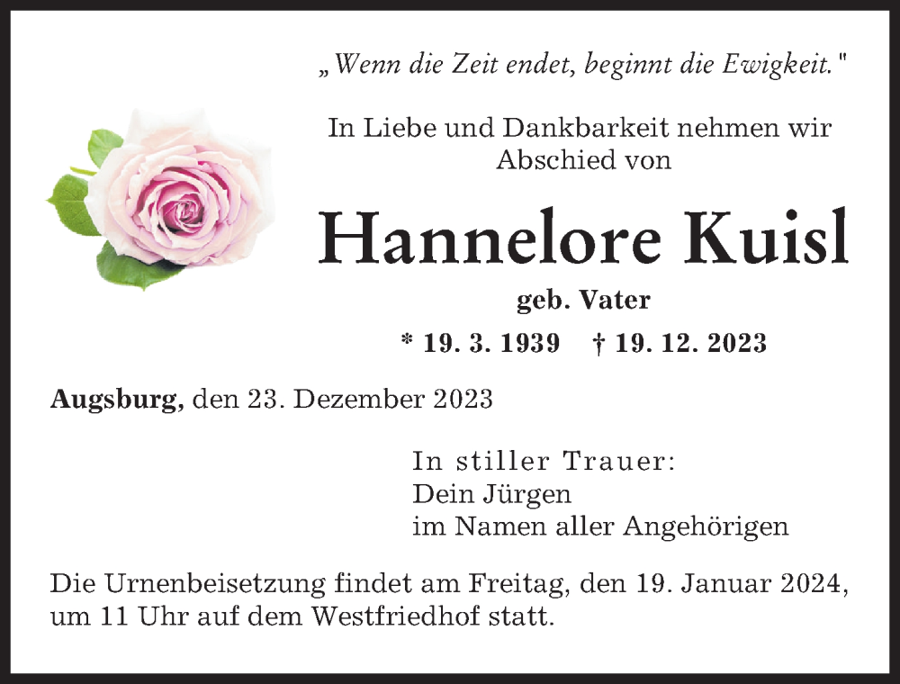 Traueranzeige von Hannelore Kuisl von Augsburger Allgemeine