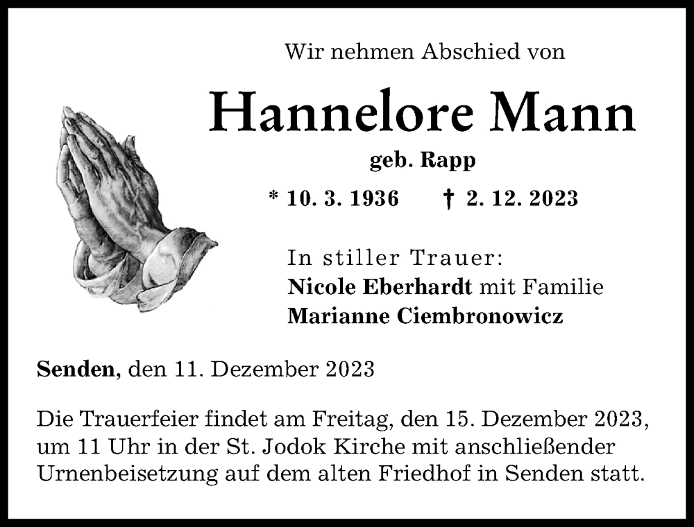  Traueranzeige für Hannelore Mann vom 11.12.2023 aus Neu-Ulmer Zeitung