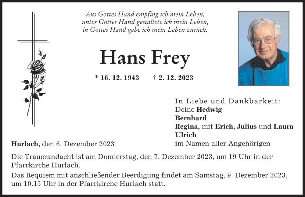  Traueranzeige für Hans Frey vom 06.12.2023 aus Landsberger Tagblatt
