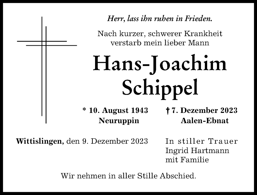  Traueranzeige für Hans-Joachim Schippel vom 09.12.2023 aus Donau Zeitung