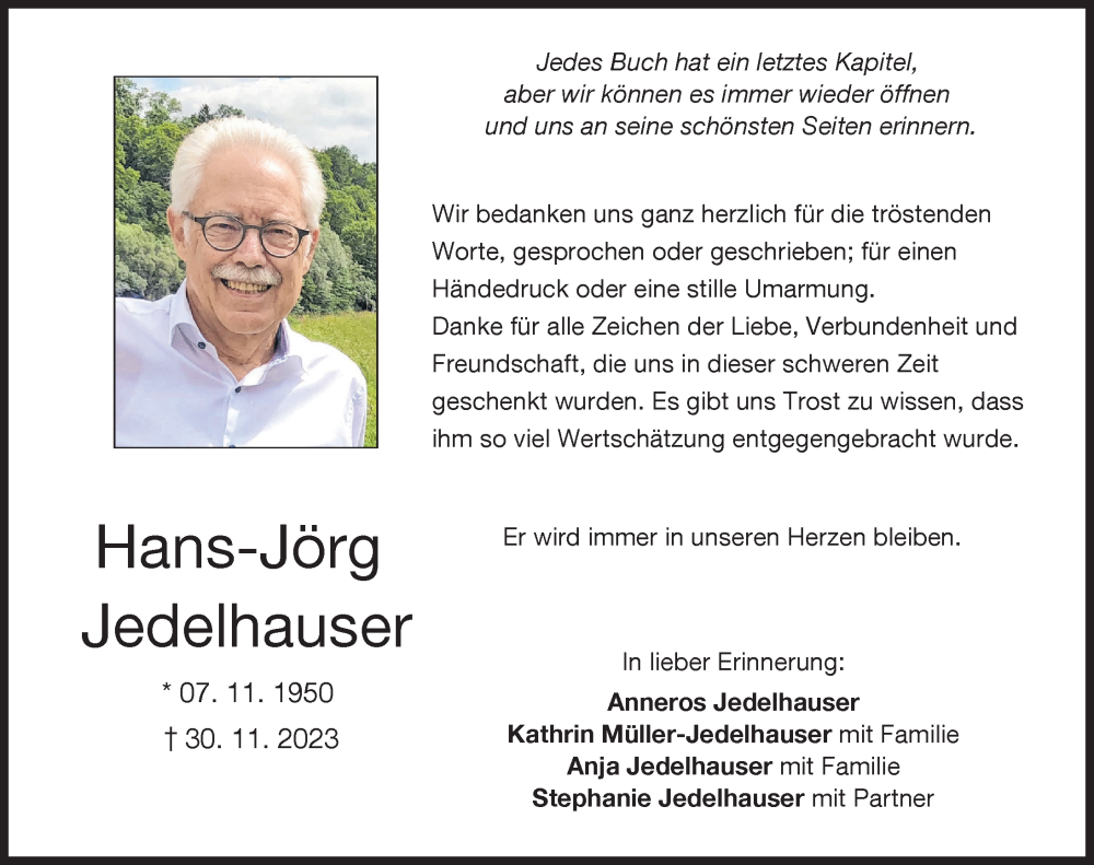  Traueranzeige für Hans-Jörg Jedelhauser vom 19.12.2023 aus Mittelschwäbische Nachrichten