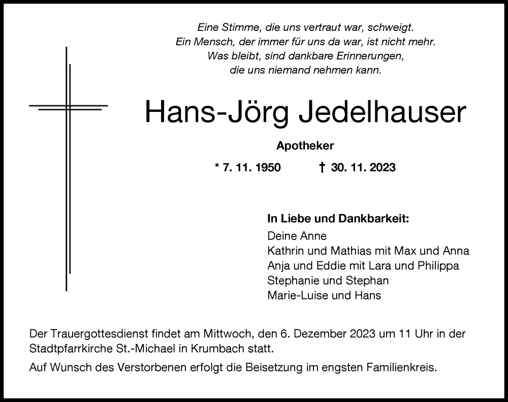  Traueranzeige für Hans-Jörg Jedelhauser vom 02.12.2023 aus Mittelschwäbische Nachrichten