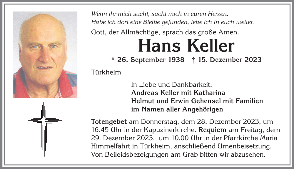 Traueranzeige von Hans Keller von Mindelheimer Zeitung