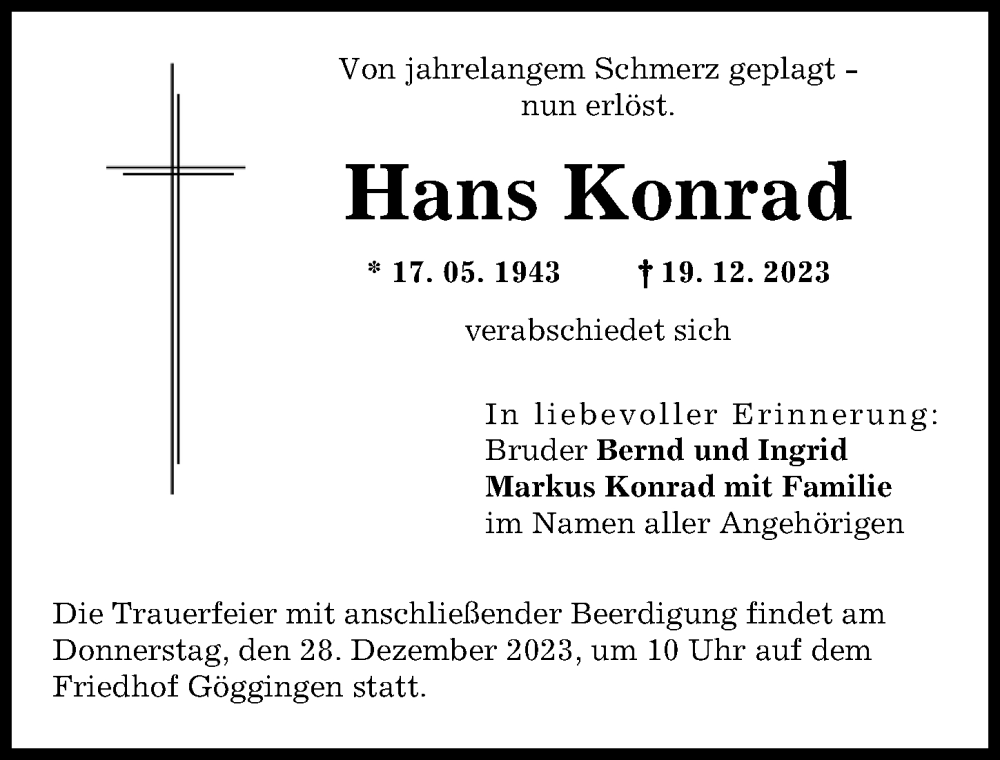 Traueranzeige von Hans Konrad von Augsburger Allgemeine