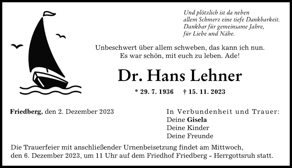  Traueranzeige für Hans Lehner vom 02.12.2023 aus Friedberger Allgemeine