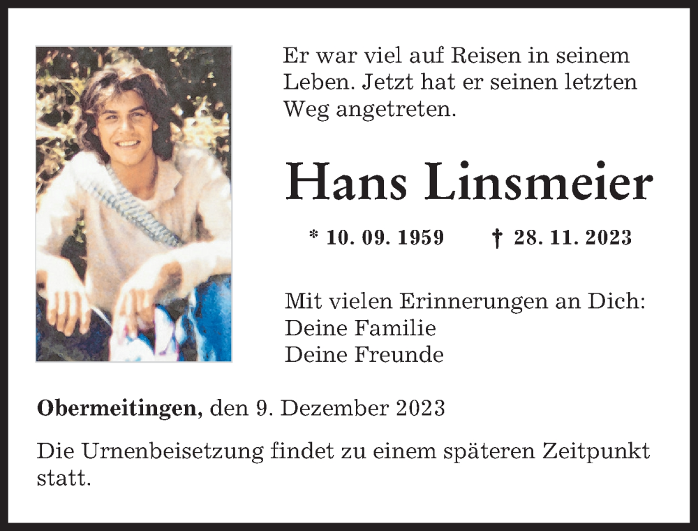  Traueranzeige für Hans Linsmeier vom 09.12.2023 aus Schwabmünchner Allgemeine, Landsberger Tagblatt