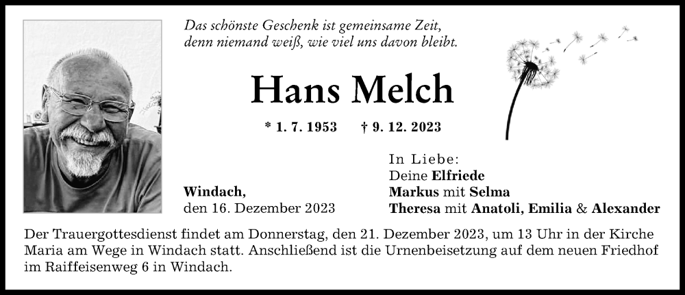 Traueranzeige von Hans Melch von Landsberger Tagblatt