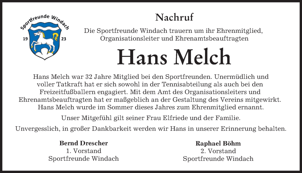 Traueranzeige von Hans Melch von Landsberger Tagblatt